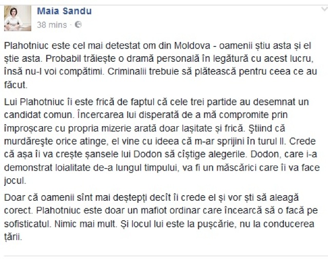 Alegeri 2016 | Maia Sandu respinge susținerea lui Vlad Plahotniuc
