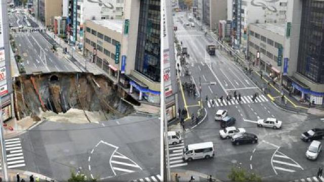 Japonezii au astupat în doar o săptămână o groapă gigantică apărută subit într-o intersecție 