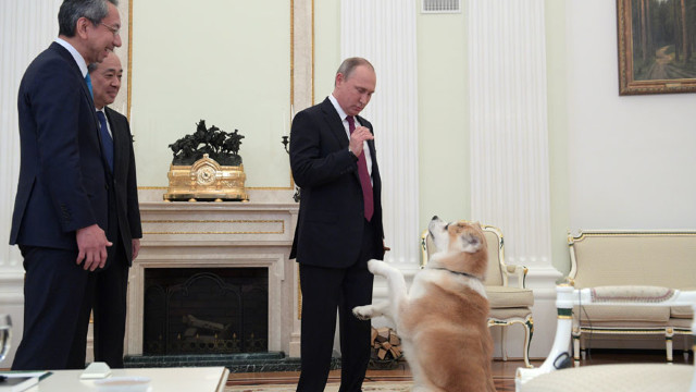 VIDEO | Vladimir Putin a venit la o întâlnire cu jurnaliștii japonezi cu unul dintre câinii săi preferați