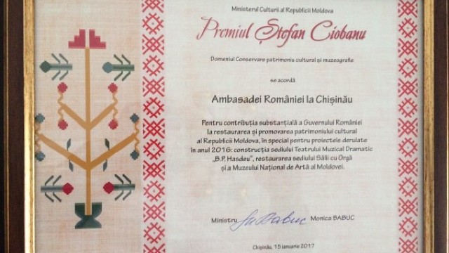 Ambasada României la Chișinău, premiată pentru conservarea patrimoniului cultural în Republica Moldova