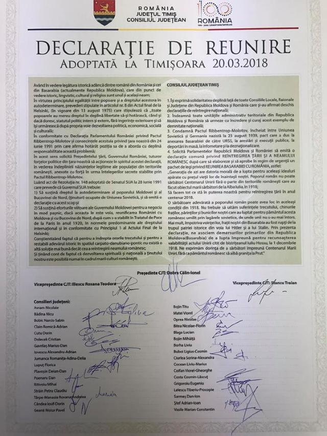 DOC | Județul Timiș susține ReUnirea. Declarația, adoptată în unanimitate de autoritățile locale 