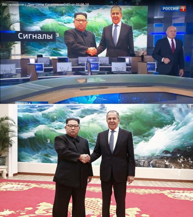 FOTO | Cum televiziunea Kremlinului a modificat o poză de la întrevederea dintre Serghei Lavrov și Kim Jong-un