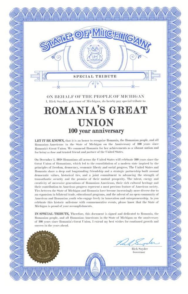 Al șaptelea stat american a omagiat Centenarul Marii Uniri printr-o proclamație specială