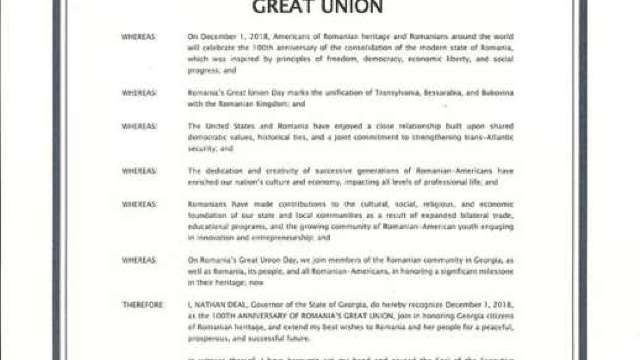 Proclamație de felicitare a României cu ocazia Centenarului Marii Uniri, emisă de guvernatorul statului american Georgia
