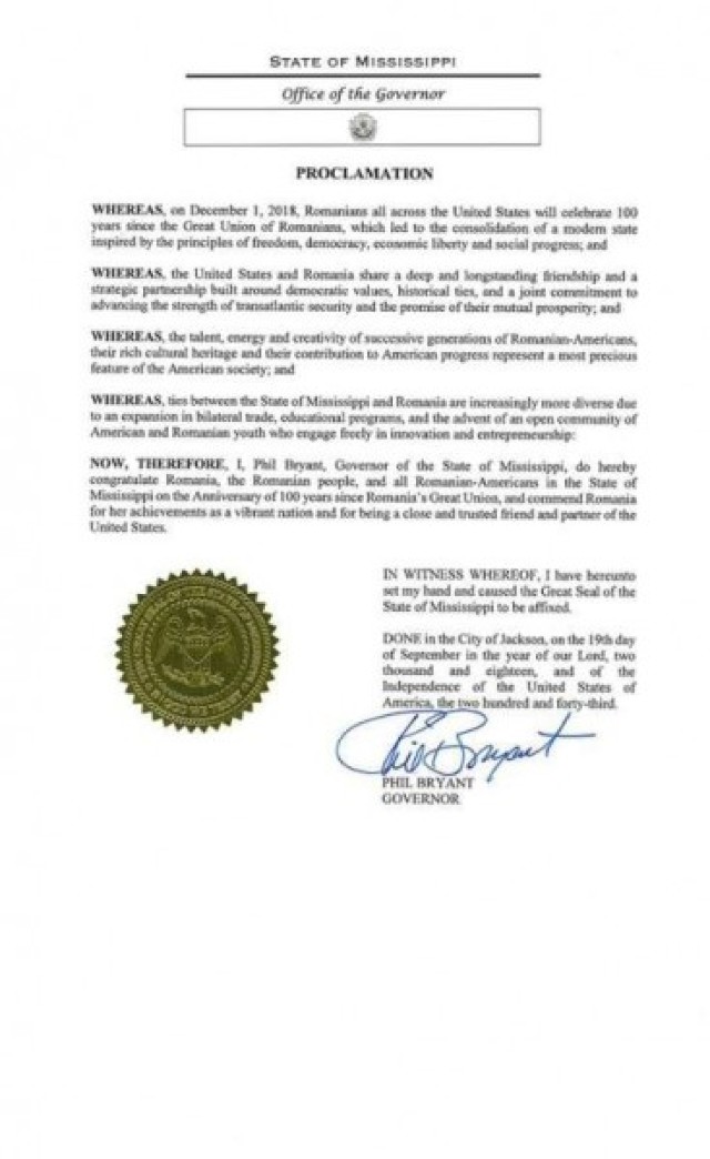 Statul american Mississippi, proclamație dedicată Centenarului Marii Uniri