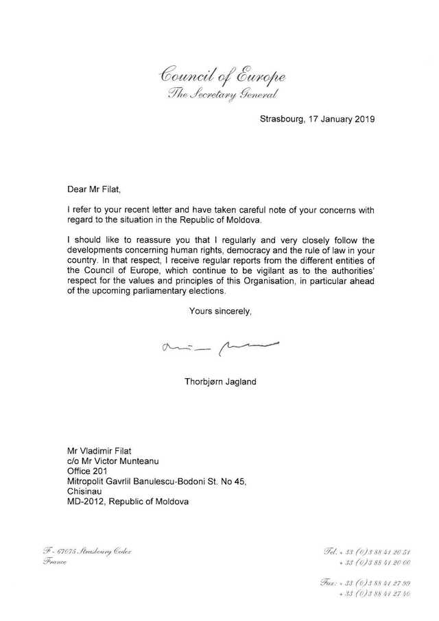 Secretarul general al Consiliului Europei, Thorbjørn Jagland, i-a răspuns lui Vlad Filat care i-a adresat o scrisoare (DOC)