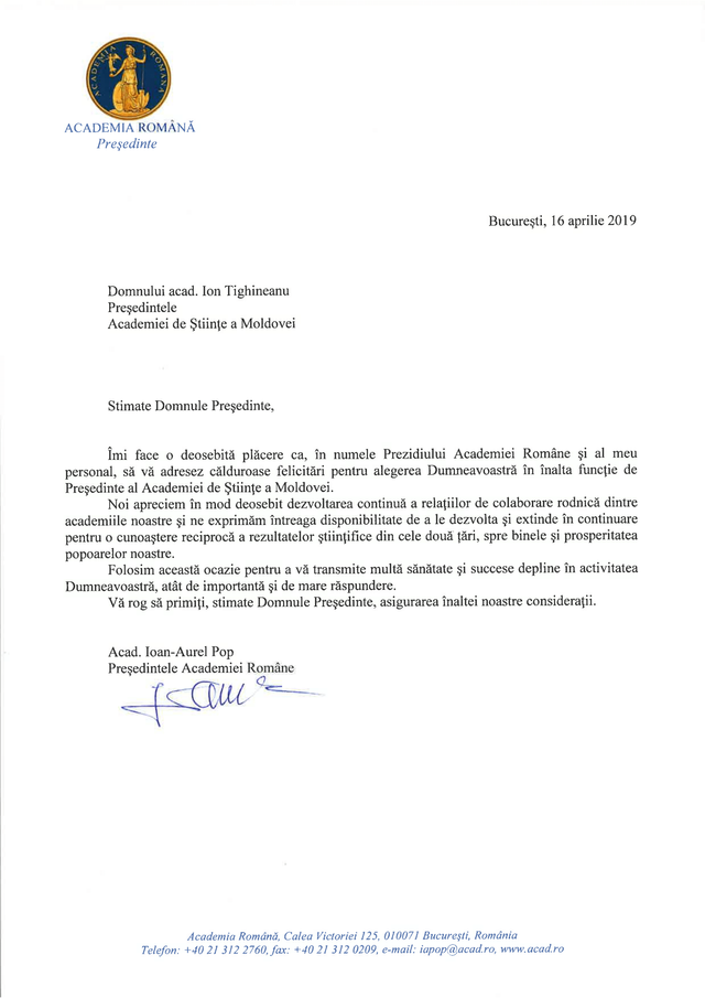 DOC | Președintele Academiei Române l-a felicitat pe noul președinte al AȘM