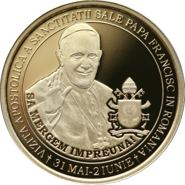 ﻿Banca Națională a României lansează 3 monede din aur și alamă, având ca temă vizita Papei Francisc în România