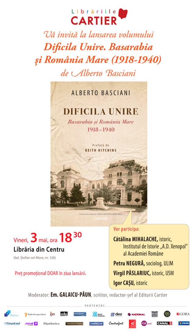 Se lansează volumul „Dificila Unire. Basarabia și România Mare (1918-1940)” al istoricului italian Alberto Basciani