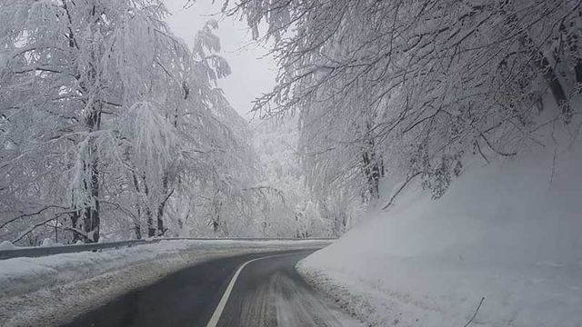 Trafic în condiții de iarnă, în munții Maramureșului șoseaua este acoperită de zapadă și ninge