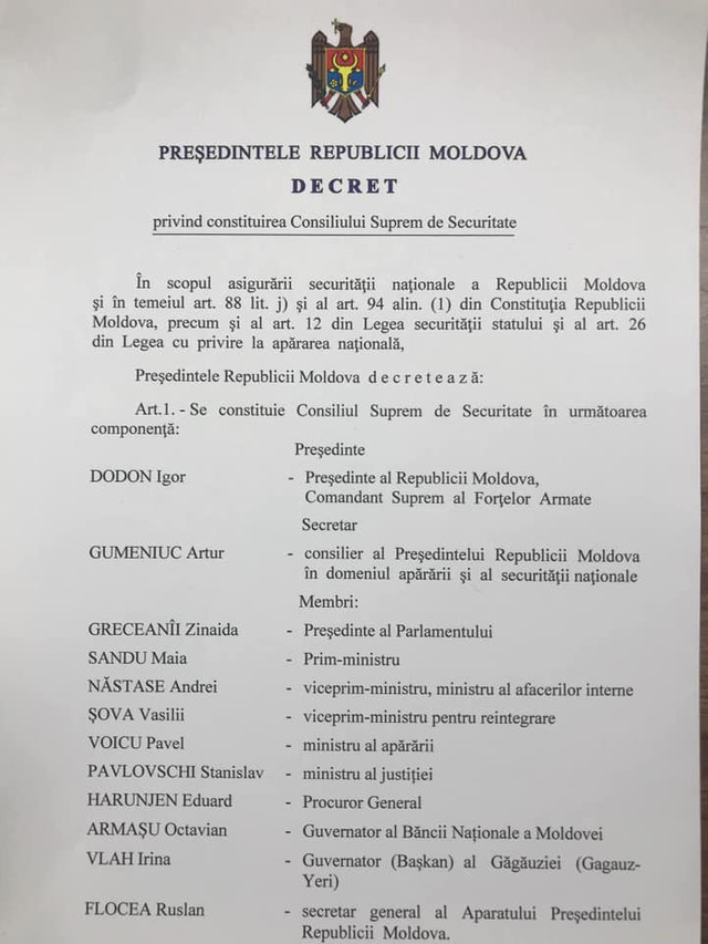  DOC | Igor Dodon anunță că a semnat decretul privind constituirea Consiliului Suprem de Securitate al Republicii Moldova
