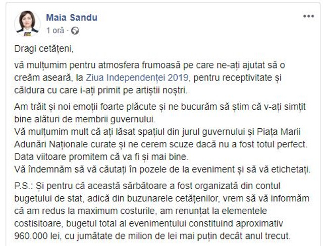 Maia Sandu a spus cât a cheltuit Guvernul pentru organizarea manifestațiilor de Ziua Independenței
