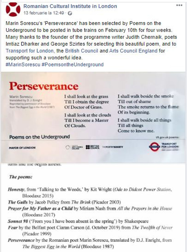 FOTO | Poezie de Marin Sorescu, afișată în metroul din Londra