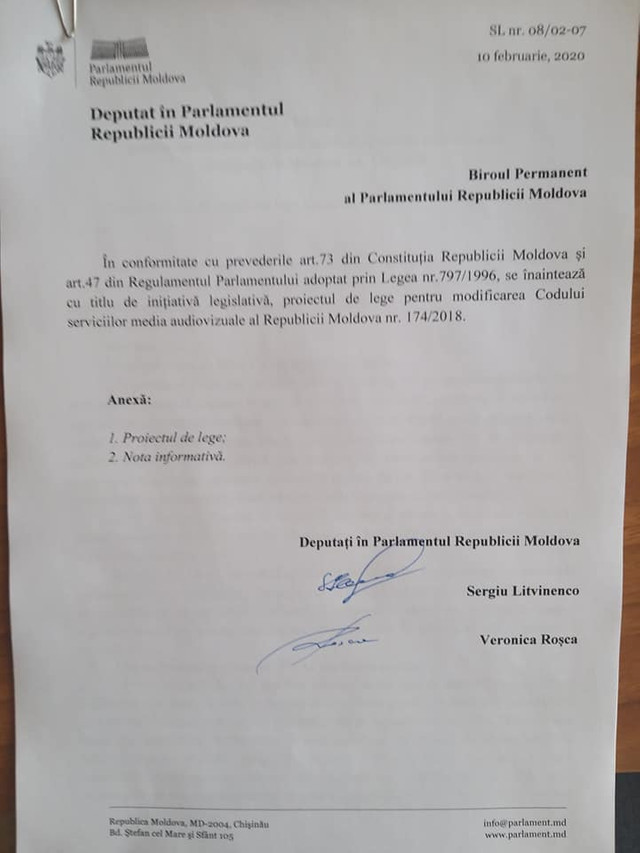 DOC | Proiectul care prevede asigurarea echidistanței și imparțialității televiziunilor din R.Moldova, înregistrat la Parlament