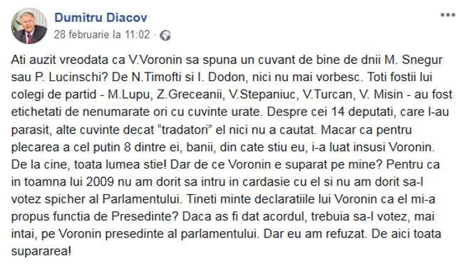 Vladimir Voronin solicită inițierea unui dosar penal pe numele lui Dumitru Diacov