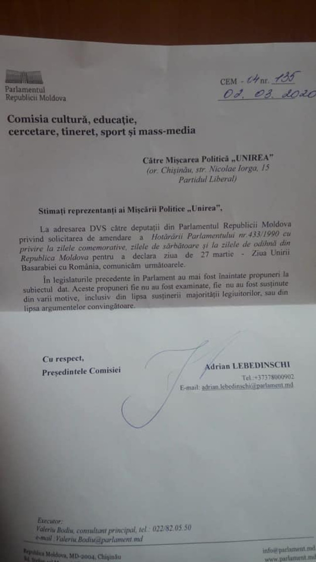 Cum a răspuns socialistul Adrian Lebedinschi, care deține cetățenia României, la cererea Mișcării „Unirea” de a declara ziua de 27 martie sărbătoare națională (DOC) 
