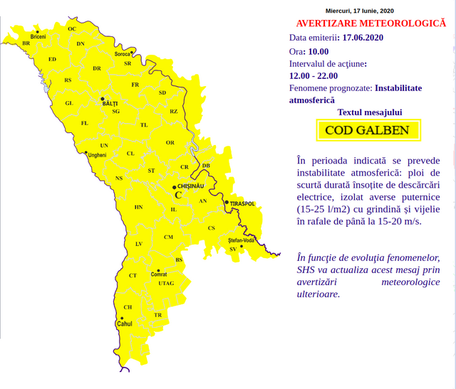 Avertizare METEO | Cod galben de instabilitate atmosferică și de inundare a terenurilor aglicole 