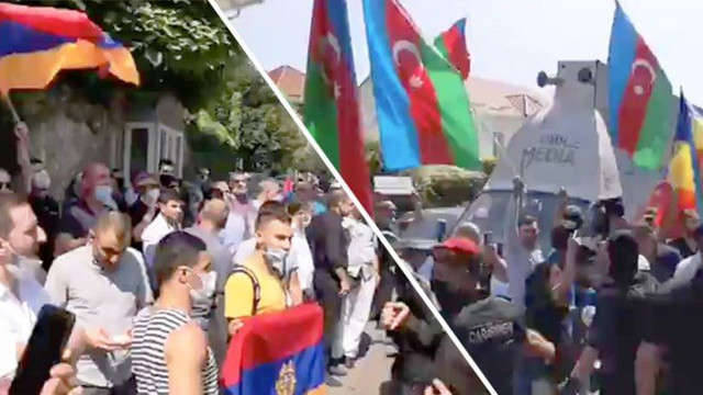 Protest al comunității azere, anunțat pașnic, s-a încheiat cu altercații în fața ambasadei Armeniei din Chișinău