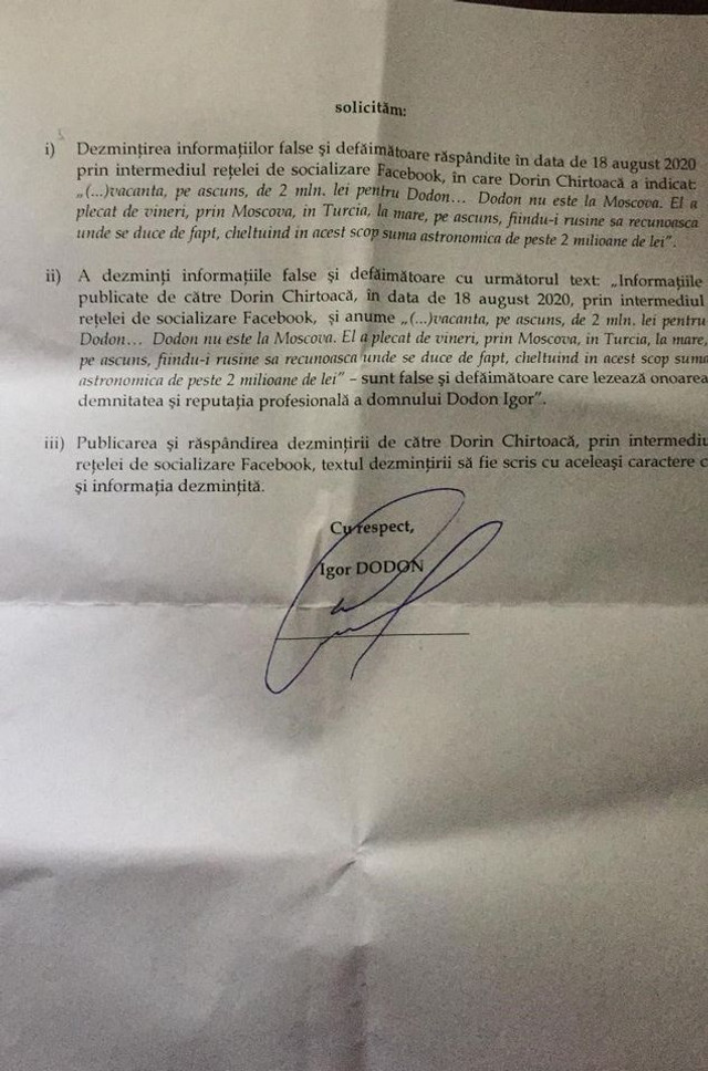 DOC | Dorin Chirtoacă a anunțat că va fi acționat în judecată de Igor Dodon