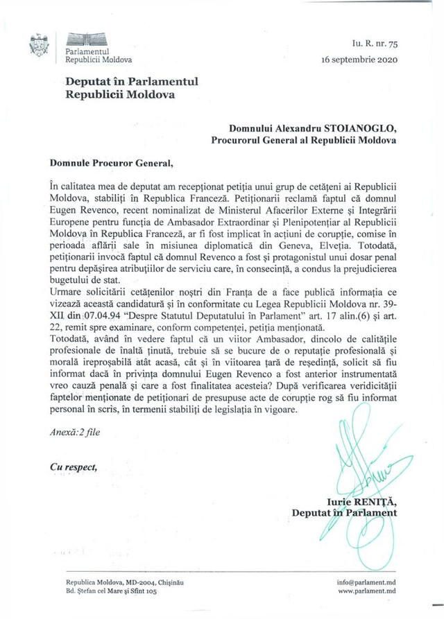 DOC | Iurie Reniță s-a adresat procurorului general în privința unui candidat la funcția de ambasador