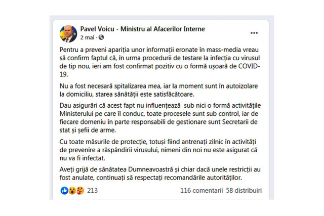 Ministerul Sănătății răspunde dacă sunt cazuri de reinfectare cu COVID-19 în R.Moldova, după ce ministru Pavel Voicu a anunțat că a fost testat din nou pozitiv la coronavirus