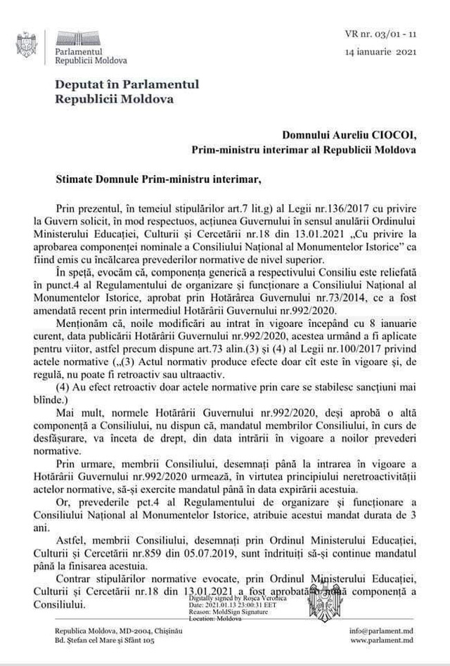 DOC | Fracțiunea PAS cere anularea ordinului MECC, prin care s-a aprobat componența nominală a Consiliului Național al Monumentelor Istorice
