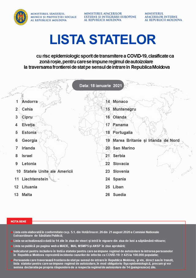 DOC | Lista actualizată a statelor pentru care se impune carantină la intrarea pe teritoriul R.Moldova, începând cu 18 ianuarie 
