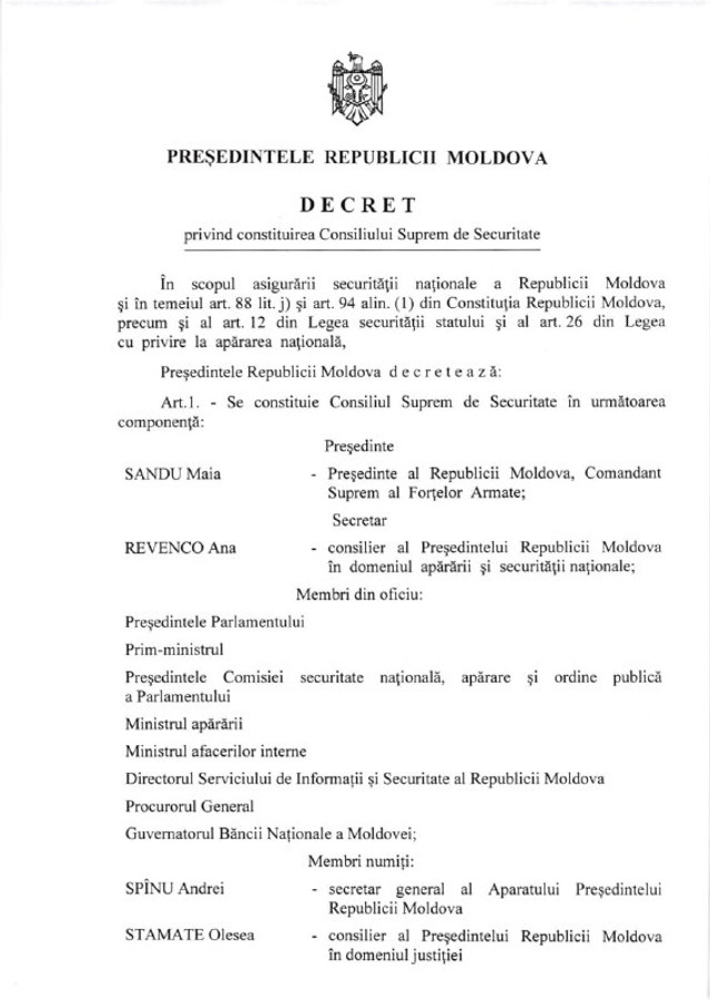 DOCUMENT | Președinta Maia Sandu a semnat decretul privind constituirea Consiliului Suprem de Securitate. Care este componența acestuia