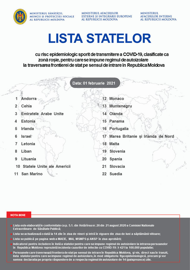 DOC | Lista actualizată a statelor pentru care se impune carantină la intrarea pe teritoriul R.Moldova, începând cu 1 februarie 
