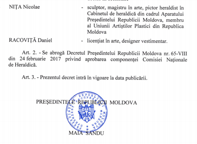 DOC | Maia Sandu a aprobat o nouă componență a Comisiei Naționale de Heraldică 
