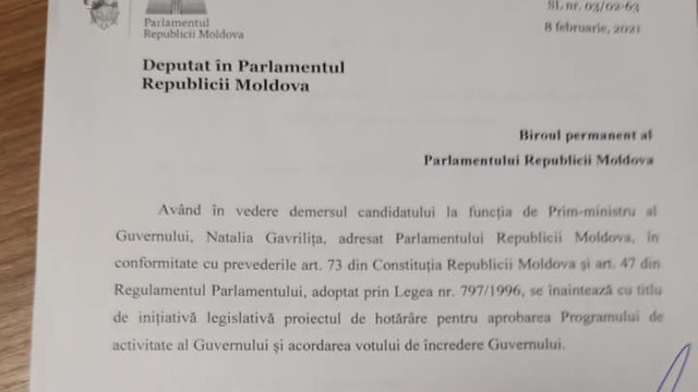 DOC | Premierul desemnat Natalia Gavriliță a depus la Secretariatul Parlamentului, programul de activitate și lista echipei sale guvernamentale