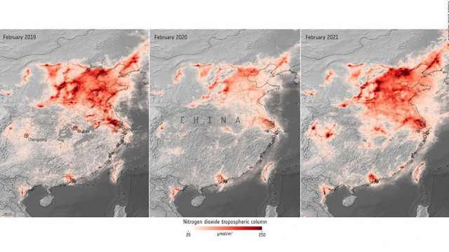 Imagini din satelit. Nivelul poluării crește dramatic în 2021 față de 2020, unele regiuni depășesc de două ori nivelul pre-pandemic
