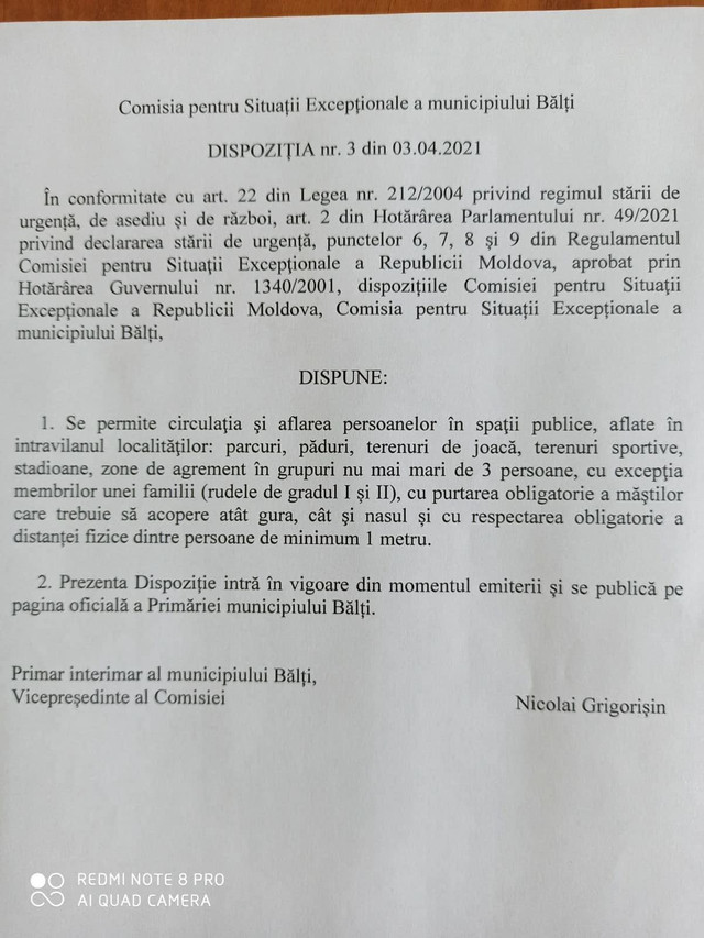 DOC | Și în Bălți a fost anulată restricția privind aflarea în parcuri pe durata stării de urgență, în pofida deciziei CSE