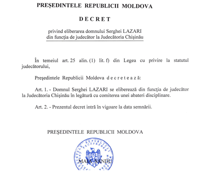 DOC | Președintele Maia Sandu a semnat decretul privind eliberarea din funcție a unui judecător, care a examinat mai multe dosare de rezonanță, inclusiv al lui Vlad Filat 