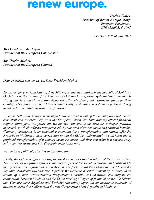DOC | Scrisoare a delegației europarlamentare Renew Europe adresată conducerii UE prin care cere o politică adaptată situației speciale din R.Moldova