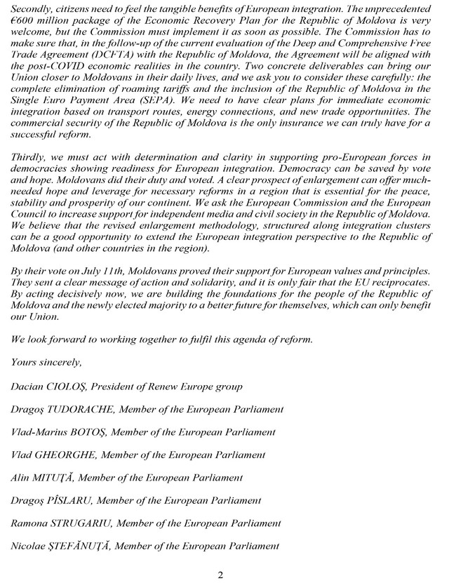 DOC | Scrisoare a delegației europarlamentare Renew Europe adresată conducerii UE prin care cere o politică adaptată situației speciale din R.Moldova