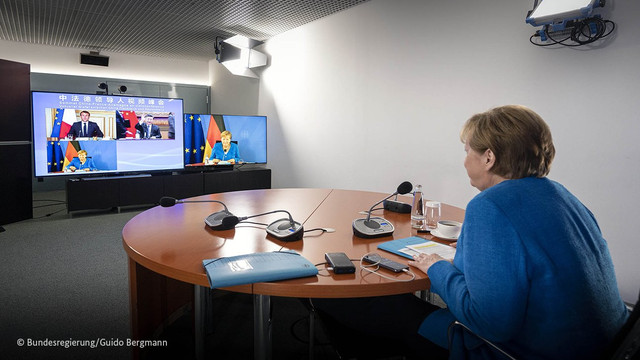 Angela Merkel și Emmanuel Macron au discutat cu Xi Jinping despre stadiul relațiilor dintre Uniunea Europeană și China