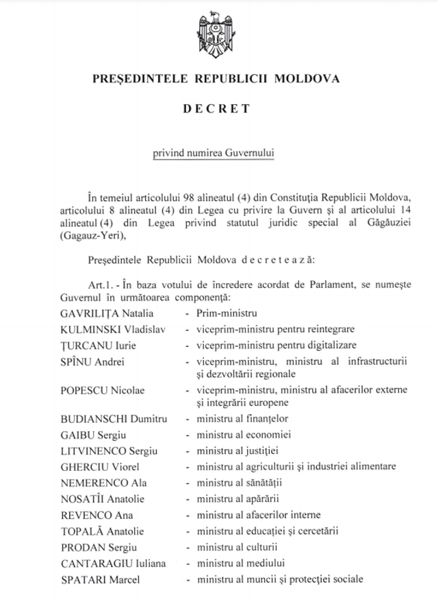 DOC | Președintele Maia Sandu a semnat decretul privind învestirea Guvernului condus de Natalia Gavriliță 