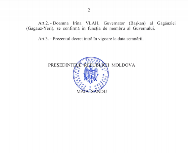 DOC | Președintele Maia Sandu a semnat decretul privind învestirea Guvernului condus de Natalia Gavriliță 