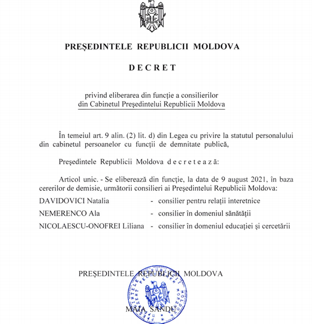 DOC | Maia Sandu a semnat decretul cu privire la eliberarea din funcție a trei consilieri prezidențiali 