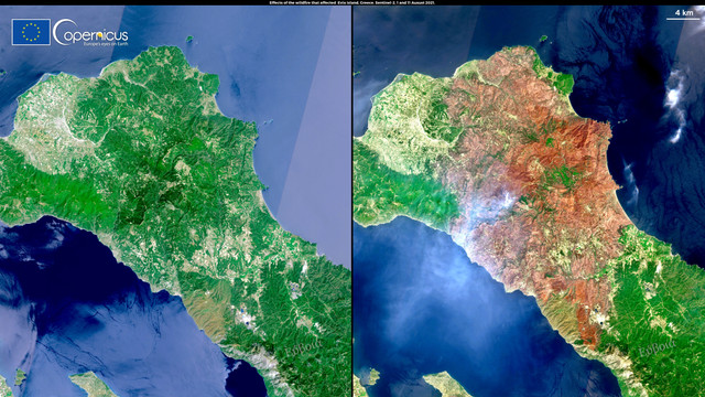 FOTO | Cum arată insula Evia înainte și după incendii. Imagini din satelit surprind proporțiile dezastrului