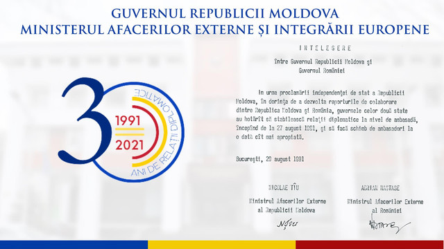 Mesajul comun al Ministerelor de Externe ale României și R. Moldova de Ziua Independenței R. Moldova: Acești 30 de ani au consemnat, în planul cooperării bilaterale, inițierea și dezvoltarea de parteneriate și proiecte în toate domeniile