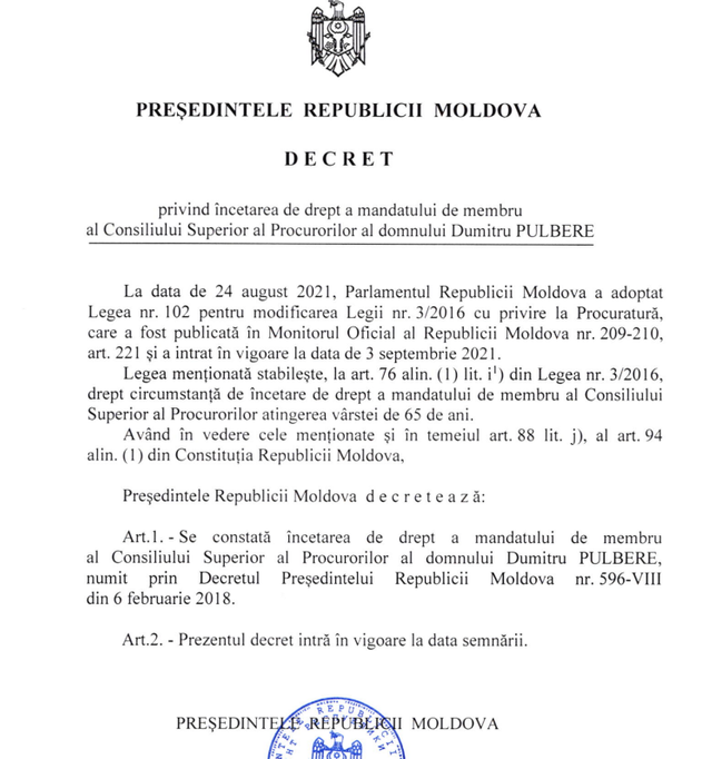 DOC | Dumitru Pulbere nu mai este membru al CSP. Maia Sandu a semnat decretul 