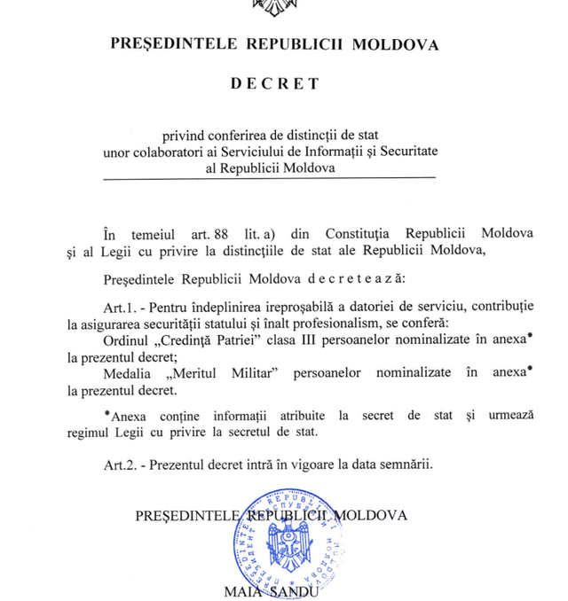DOC | Președintele Maia Sandu a acordat distincții de stat unor colaboratori SIS 