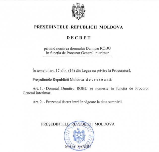 DOC |  Dumitru Robu - noul șef al Procuraturii Generale. Maia Sandu a semnat decretul 