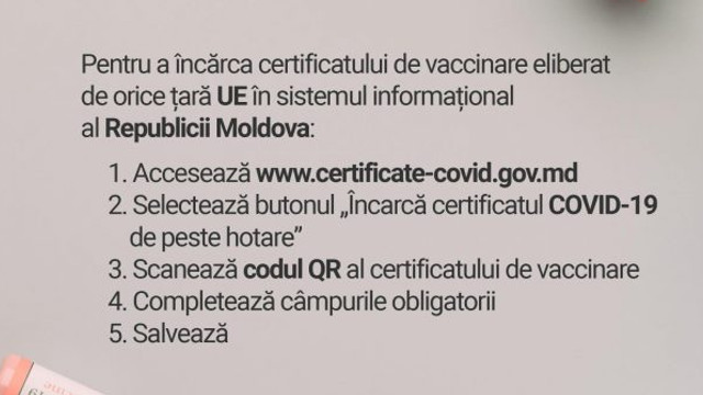 Cetățenii Republicii Moldova, care s-au vaccinat împotriva COVID-19 în țările UE, pot să înregistreze certificatul în sistemul electronic național de vaccinare