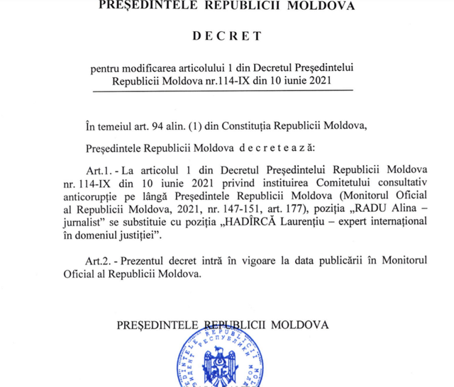 DOC | Maia Sandu a semnat decretul privind numirea unui nou membru în cadrul Comitetului consultativ anticorupție pe lângă Președintele Republicii Moldova