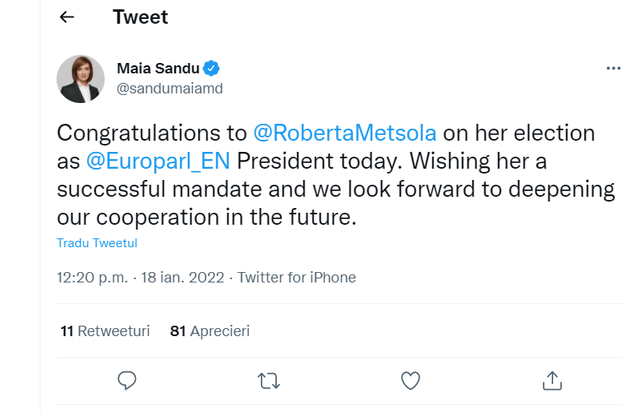 Maia Sandu o felicită pe Roberta Metsola, noua președintă a Parlamentului European: Aștept cu nerăbdare să cooperăm
