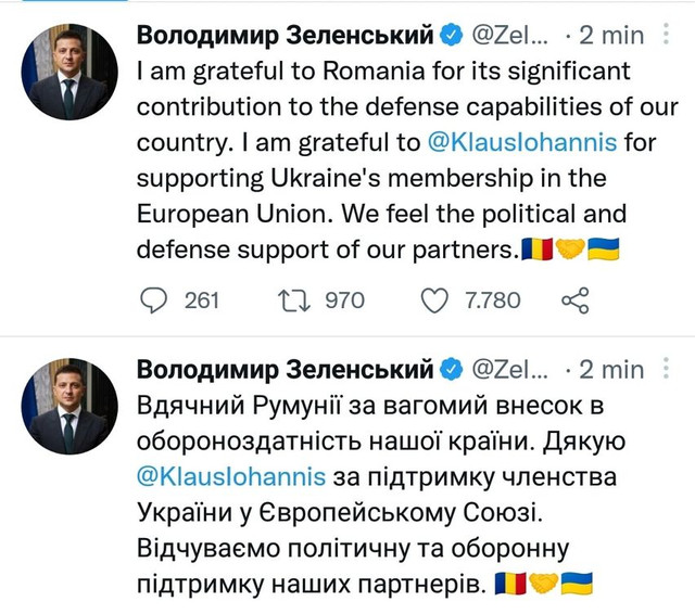 Volodimir Zelenski: ”Sunt recunoscător României pentru contribuția sa semnificativă la capacitățile de apărare ale țării noastre”