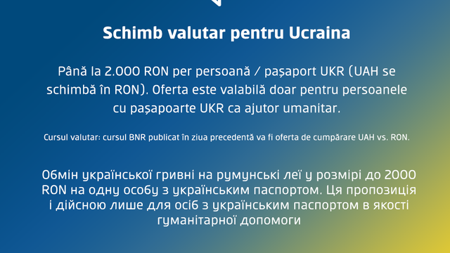 BCR oferă cetățenilor din Ucraina care ajung pe teritoriul României posibilitatea de a schimba grivne ucrainiene în lei românești 
